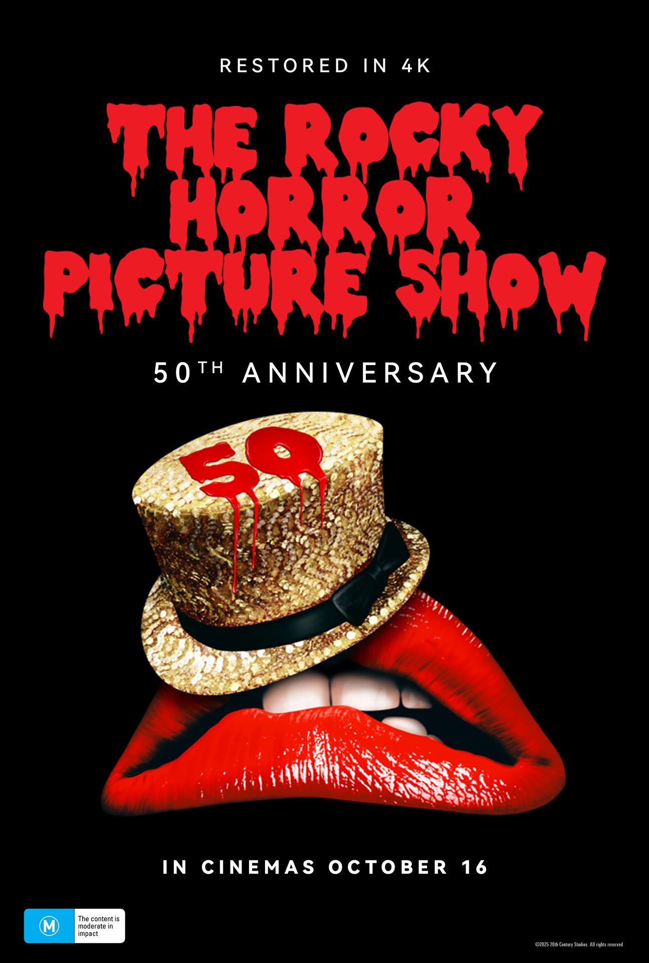 A movie poster of The Rocky Horror Picture Show (50th Anniversary). Starring Barry Bostwick, Tim Curry, Meat Loaf, Richard O'Brien, Susan Sarandon. Release date 16 10 2025.