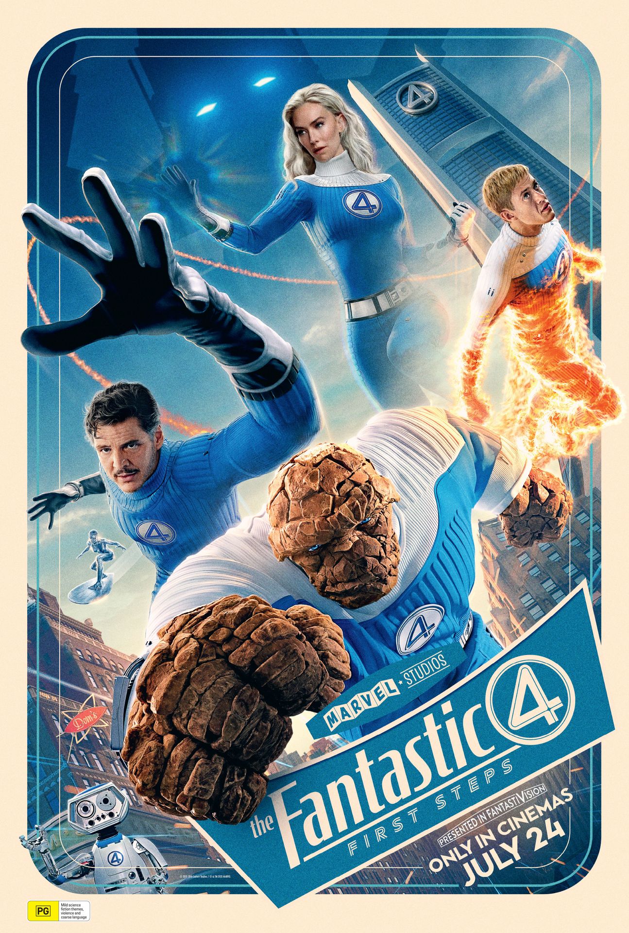 A movie poster of The Fantastic Four: First Steps. Starring Julia Garner, Paul Walter Hauser, Ralph Ineson, Vanessa Kirby, Natasha  Lyonne, John Malkovich, Ebon Moss-Bachrach, Sarah Niles, Pedro Pascal, Joseph Quinn. Release date 24 07 2025.