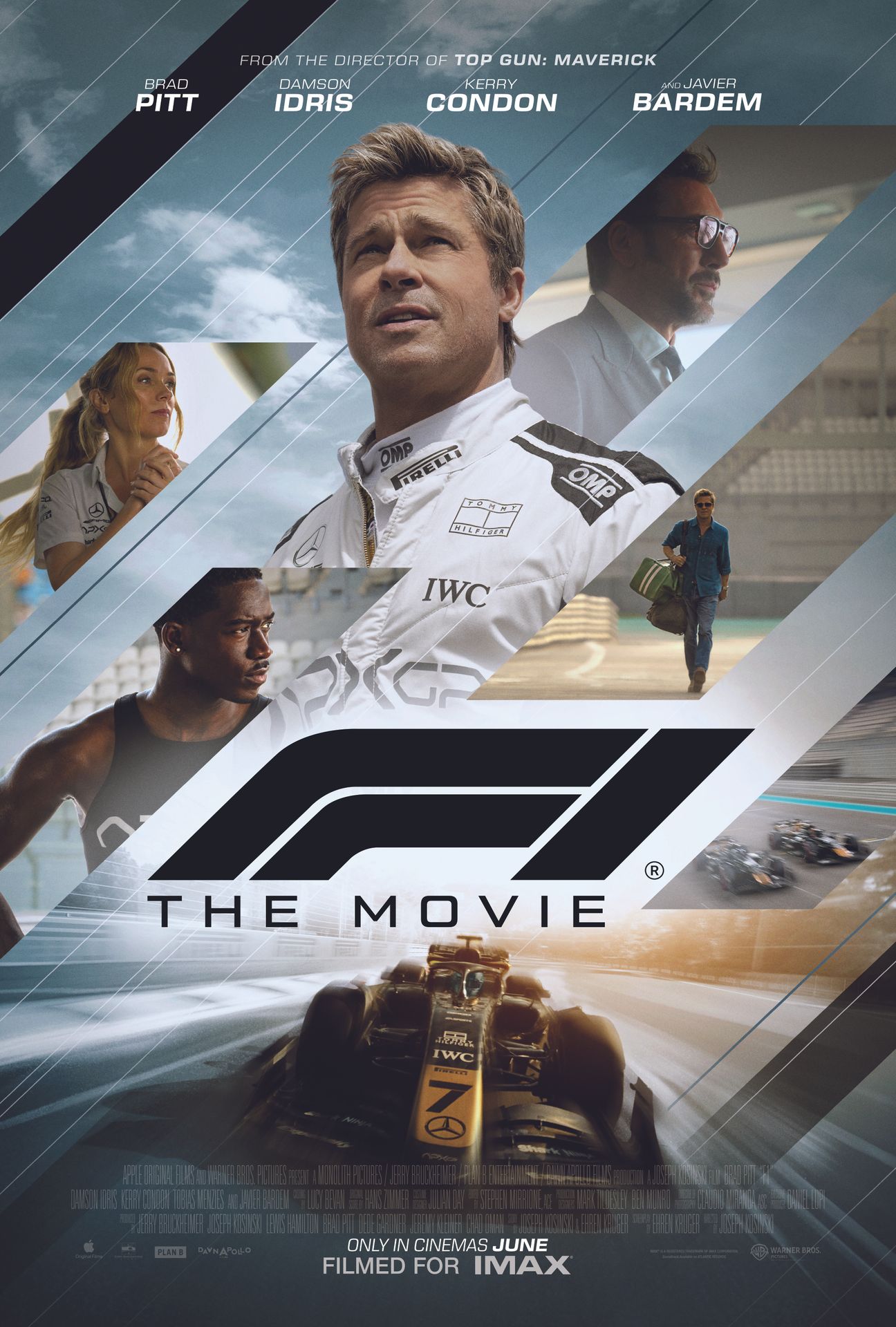 A movie poster of F1 The Movie. Starring Javier Bardem, Kim Bodnia, Kerry Condon, Damson Idris, Tobias Menzies, Brad Pitt. Release date 26 06 2025.