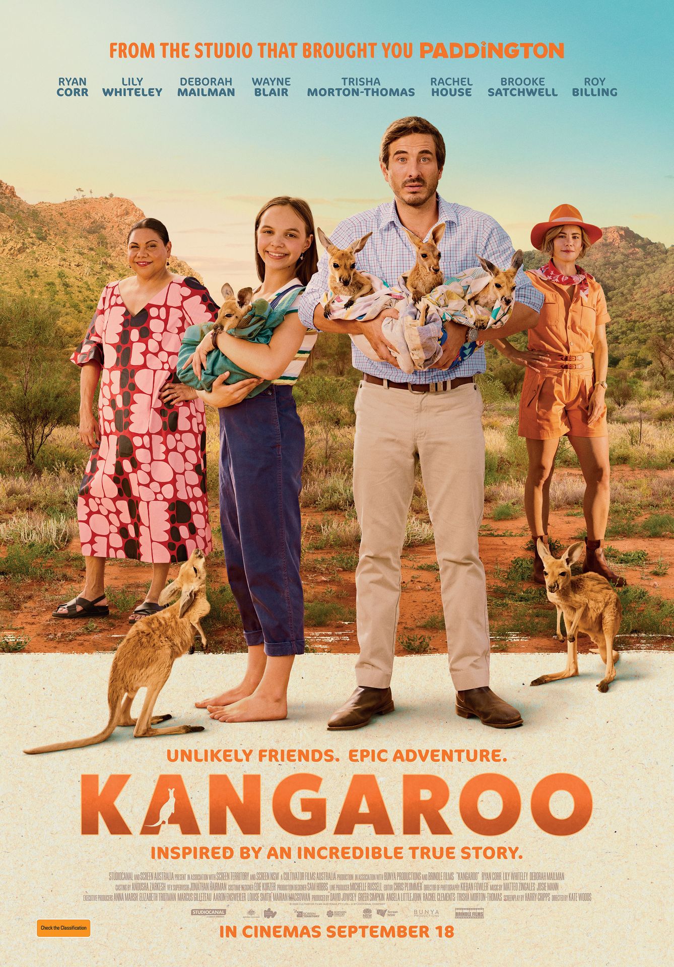 A movie poster of Kangaroo. Starring Roy Billing, Wayne Blair, Ryan Clark, Ryan Corr, Grant Denyer, Ernie Dingo, Rick Donald, Rarriwuy Hick, Rachel House, Deborah Mailman, Trisha Morton-Thomas, Clarence Ryan, Brooke Satchwell, Emily Taheny, Lily Whiteley. Release date 18 09 2025.