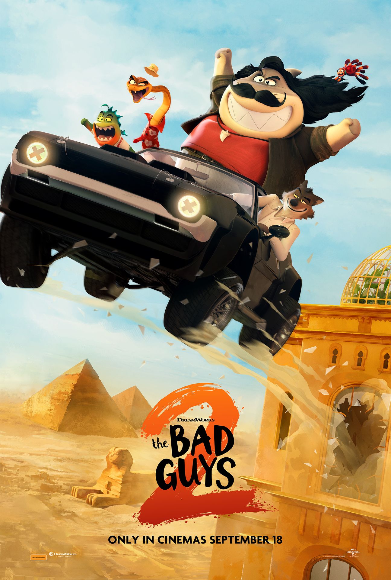 A movie poster of The Bad Guys 2. Starring Awkwafina, Richard Ayoade, Zazie  Beetz, Alex Borstein, Marc Maron, Anthony Ramos, Craig  Robinson, Sam Rockwell, Lilly Singh. Release date 18 09 2025.