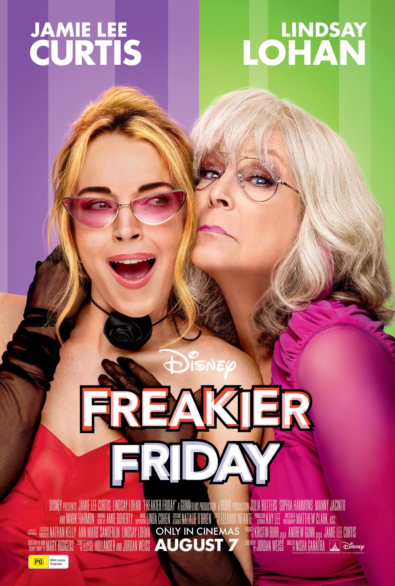 A movie poster of Freakier Friday. Starring Rosalind Chao, Jamie Lee Curtis, Mark Harmon, Haley Hudson, Lindsay Lohan, Chad Michael Murray, Lucille Soong, Stephen Tobolowsky, Christina Vidal Mitchell. Release date 07 08 2025.