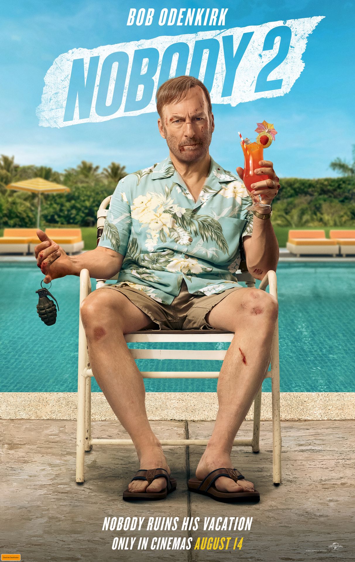 A movie poster of Nobody 2. Starring RZA, Colin Hanks, Christopher Lloyd, Connie Nielsen, Bob Odenkirk, John Ortiz, Sharon Stone. Release date 14 08 2025.