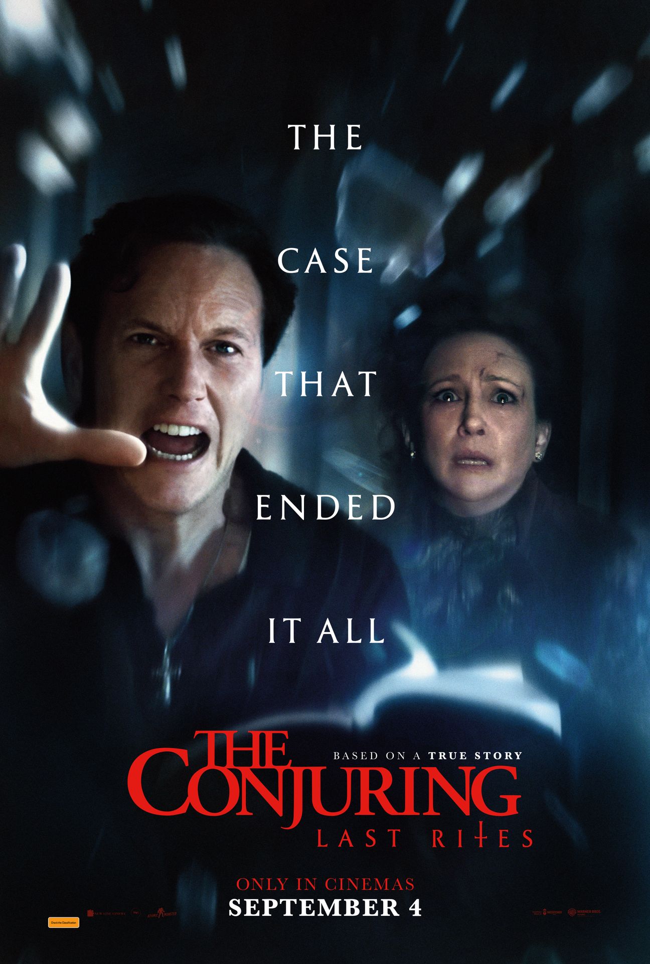 A movie poster of The Conjuring: Last Rites. Starring Rebecca Calder, Elliot Cowan, Vera Farmiga, Ben  Hardy, Mia Tomlinson, Patrick Wilson. Release date 04 09 2025.