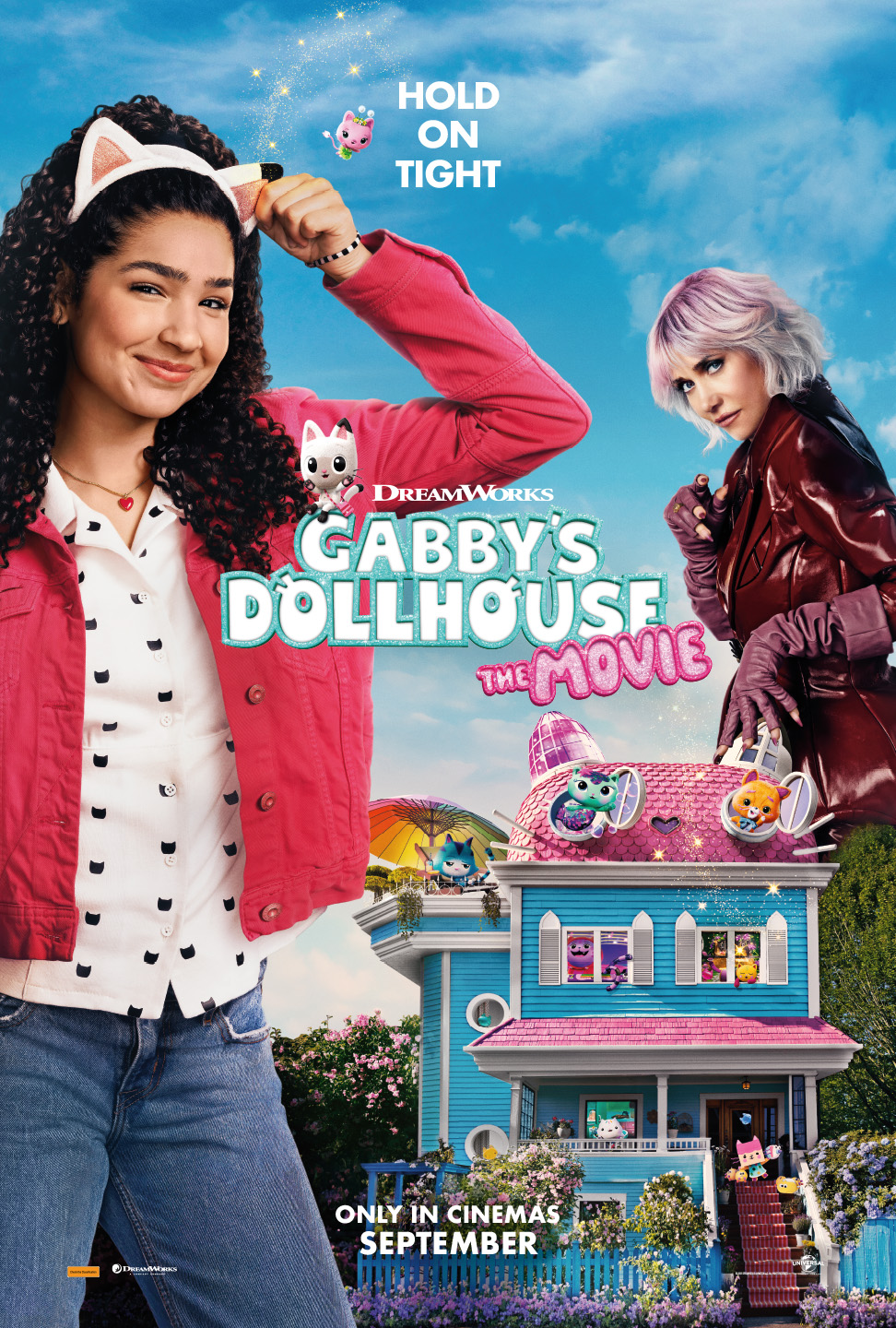 A movie poster of Gabby's Dollhouse: The Movie. Starring Carla Tassara,Donovan Patton,Eduardo Franco,Gloria Estefan,Jason Mantzoukas,Juliet Donenfeld,Kristen Wiig,Laila Lockhart Kraner,Logan Bailey,Maggie Lowe,Sainty Nelsen,Thomas Lennon.
