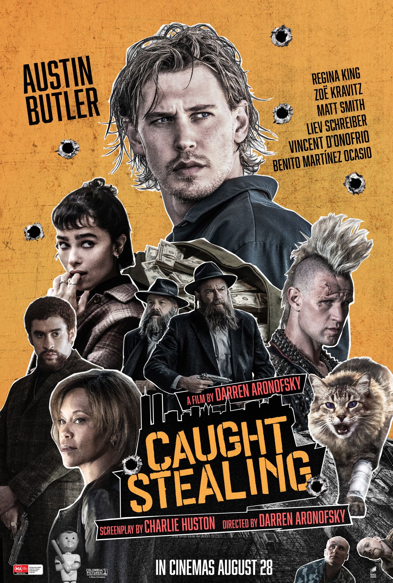 A movie poster of Caught Stealing. Starring Benito A Martínez Ocasio, Austin Butler, Vincent D'Onofrio, Griffin Dunne, Carol Kane, Regina King, Zoe Kravitz, Liev  Schreiber, Matt Smith. Release date 28 08 2025.
