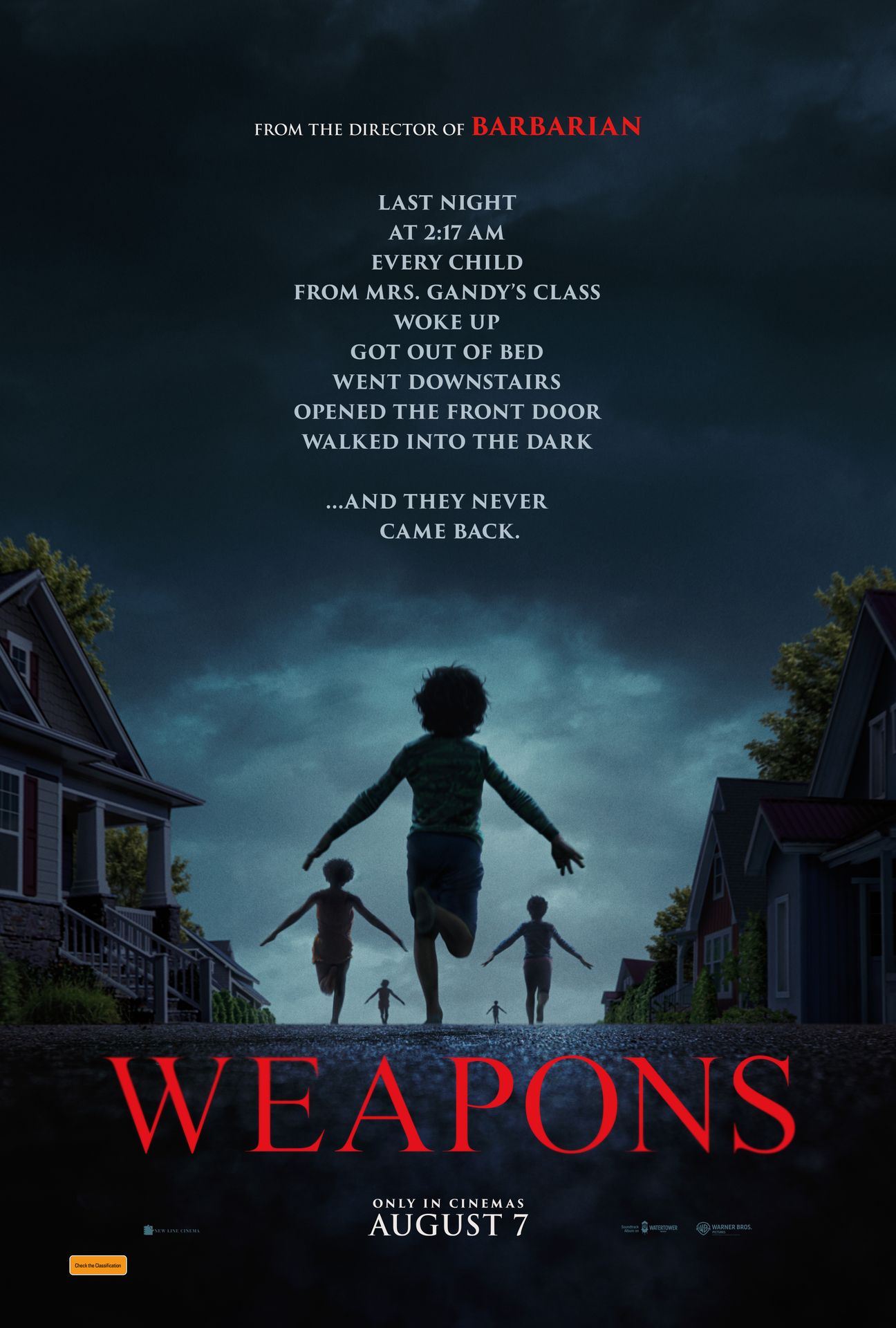 A movie poster of Weapons. Starring Austin Abrams, Josh Brolin, Cary Christopher, Alden  Ehrenreich, Julia Garner, Amy Madigan, Benedict Wong. Release date 07 08 2025.