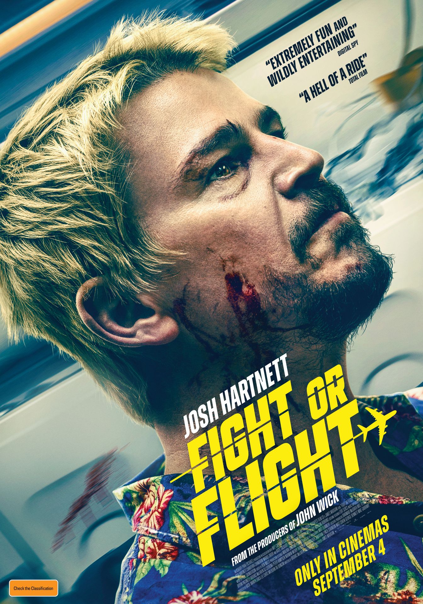 A movie poster of Fight or Flight. Starring Charithra Chandran, Josh Hartnett, Rebecka Johnston, Sanjeev Kohli, Julian Kostov, Katee Sackhoff, JuJu Chan Szeto, Marko Zaror. Release date 04 09 2025.