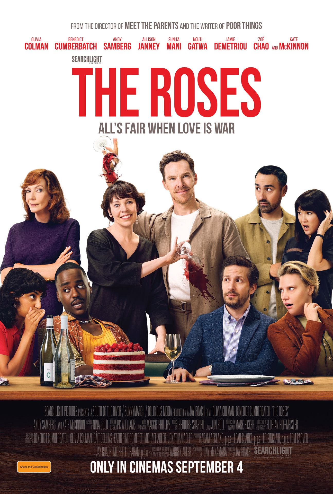 A movie poster of The Roses. Starring Belinda Bromilow, Zoe Chao, Olivia Colman, Benedict  Cumberbatch, Jamie Demetriou, Ncuti Gatwa, Allison Janney, Sunita Mani, Kate McKinnon, Andy Samberg. Release date 04 09 2025.