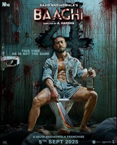 A movie poster of Baaghi 4. Starring Sonam  Bajwa, Sanjay Dutt, Tiger Shroff. Release date 05 09 2025.
