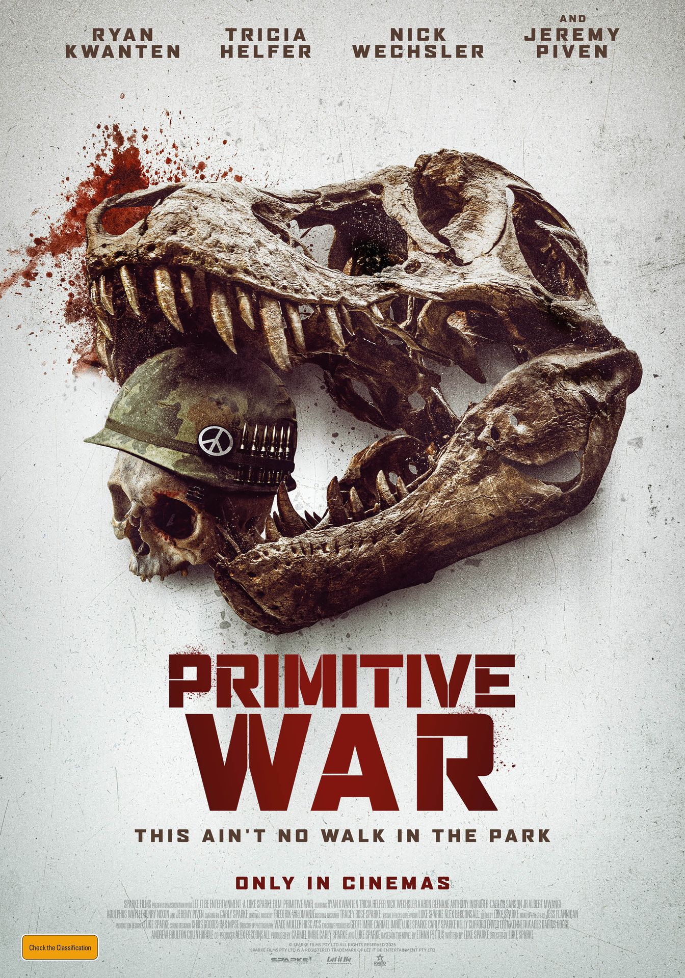 A movie poster of Primitive War. Starring Aaron  Glenane, Tricia Helfer, Anthony Ingruber, Ryan Kwanten, Albert Mwangi, Henry Nixon, Jeremy Piven, Carlos Sanson Jr., Adolphus Waylee, Nick Wechsler. Release date 21 08 2025.